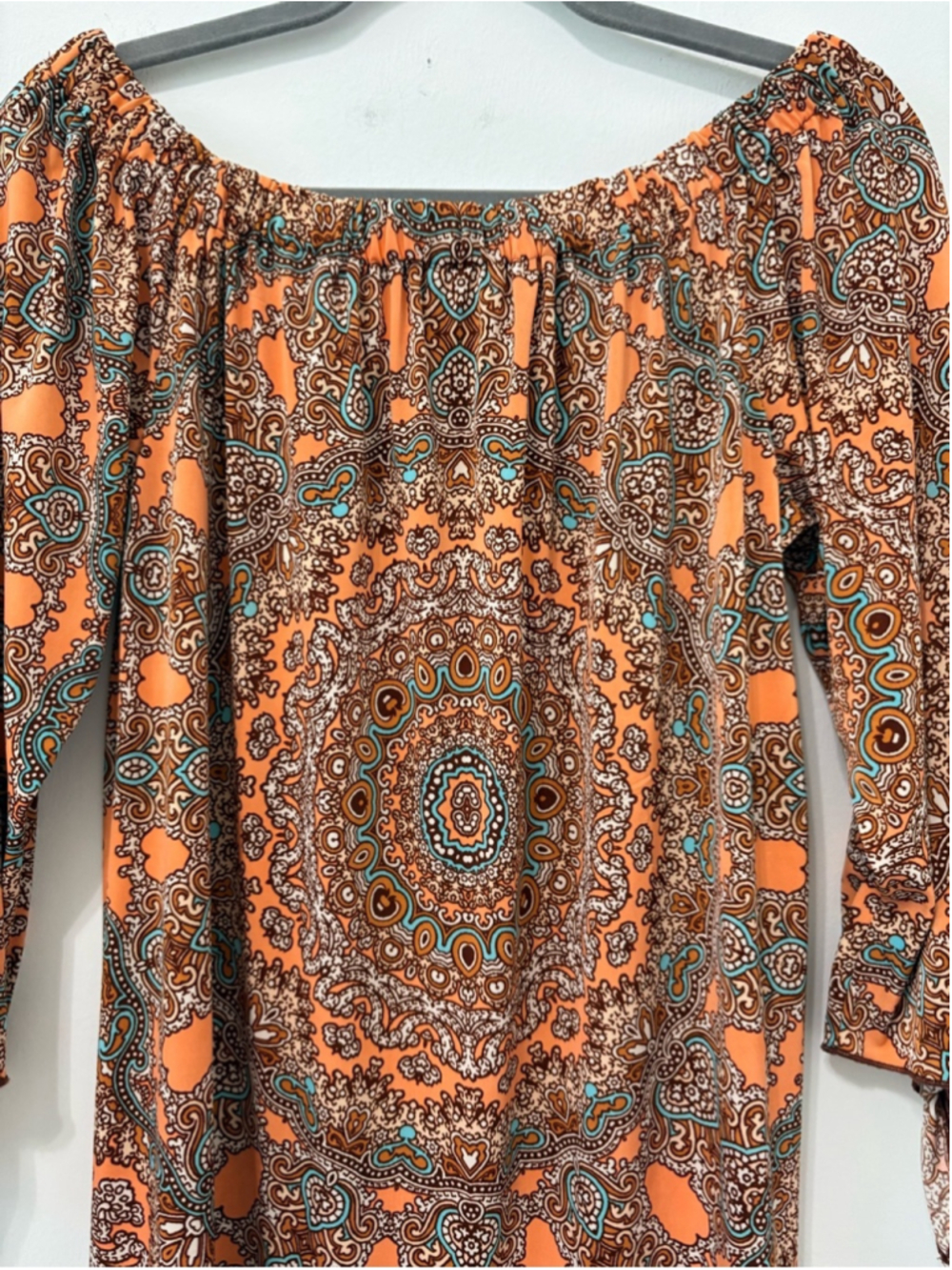 Tacera Off Shoulder Paisley Medallion Dress Sz S Peach Boho EUC - Picture 3 of 11